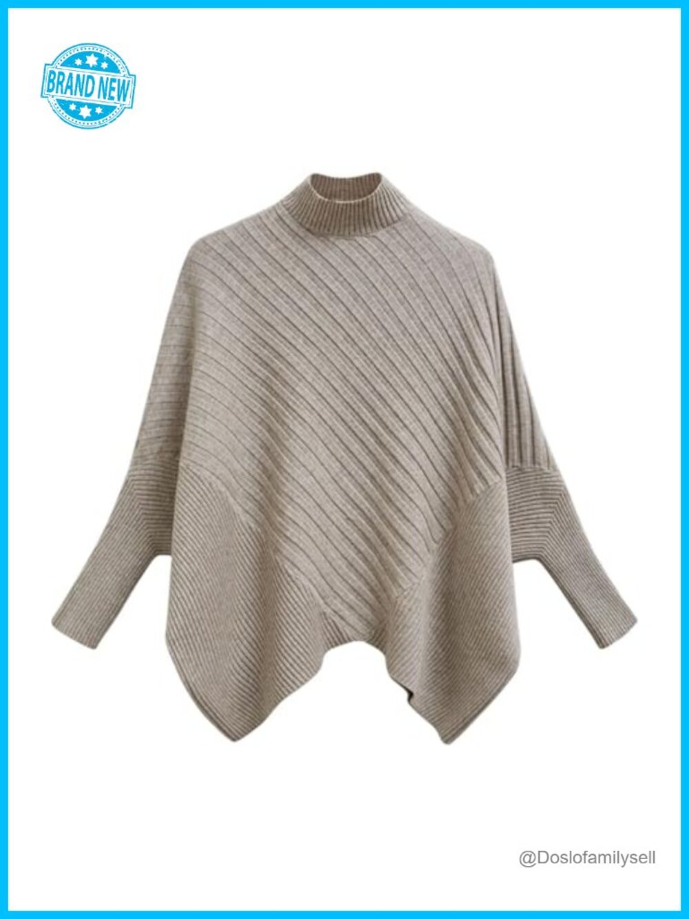 Contrast Ribbed Knit Poncho Sweater Mock Neck Batwing Sleeve Oversized Pullover